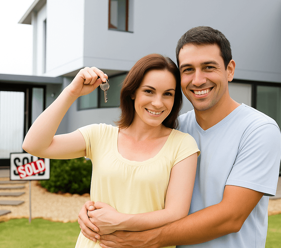 Happy couple holding the keys to their new Christchurch home after settlement. Sold by our real estate agent